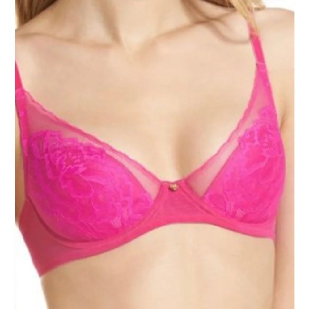 Natori Flora Underwire Bra Size 32DDD Hot Pink Lace Mesh Lingerie Romantic